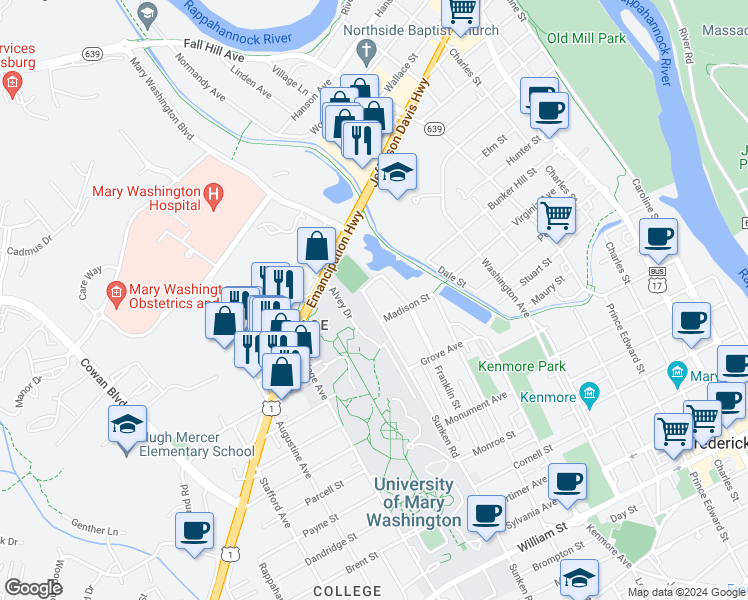 map of restaurants, bars, coffee shops, grocery stores, and more near 1713 Sunken Road in Fredericksburg