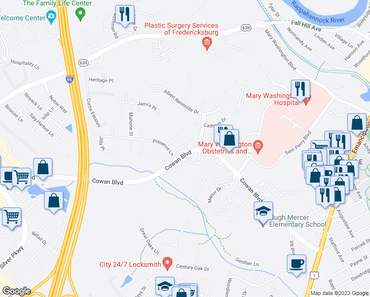 map of restaurants, bars, coffee shops, grocery stores, and more near 1024 Hotchkiss Place in Fredericksburg