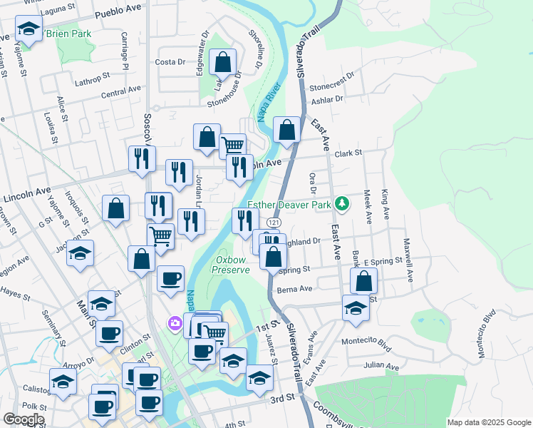 map of restaurants, bars, coffee shops, grocery stores, and more near 1577 Silverado Trail in Napa