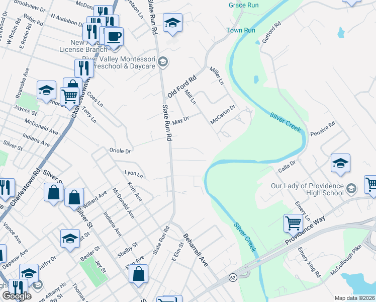 map of restaurants, bars, coffee shops, grocery stores, and more near 1414 Silver Slate Drive in New Albany