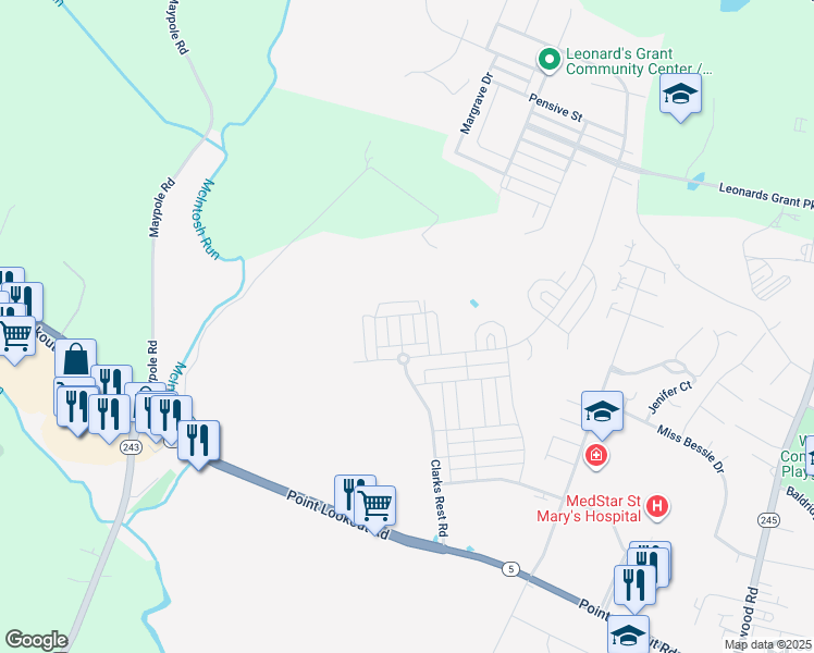 map of restaurants, bars, coffee shops, grocery stores, and more near 23392 Marview Court in Leonardtown