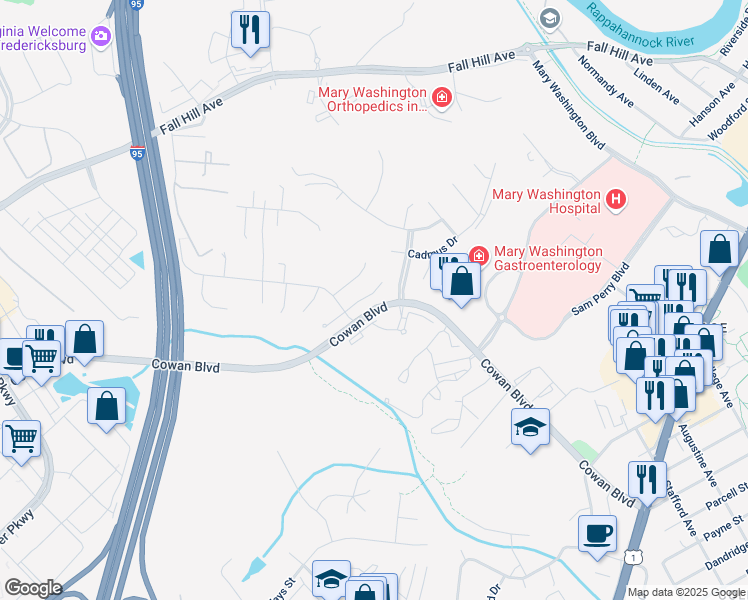 map of restaurants, bars, coffee shops, grocery stores, and more near 1026 Hotchkiss Place in Fredericksburg