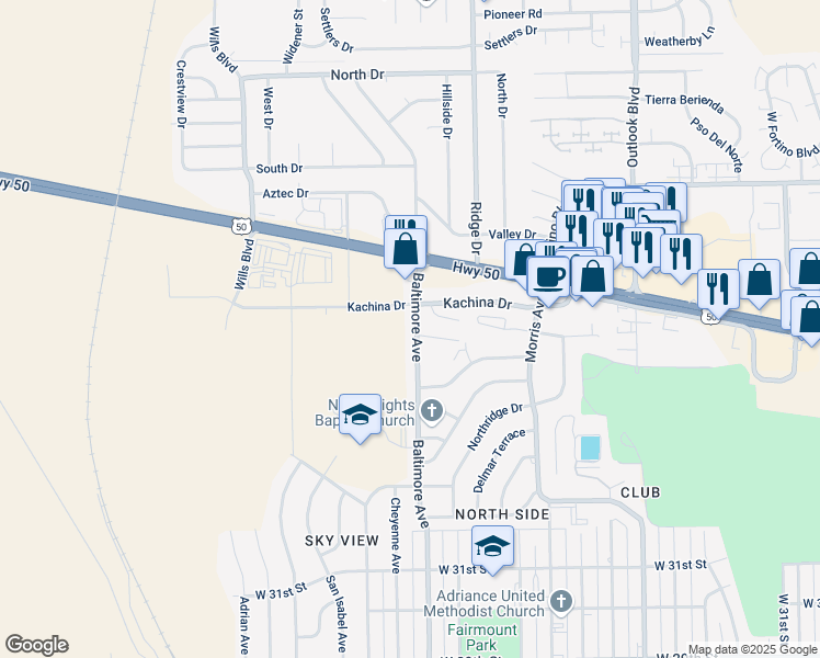 map of restaurants, bars, coffee shops, grocery stores, and more near in Pueblo