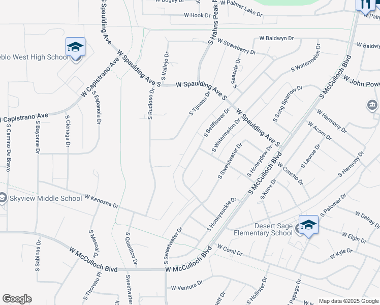 map of restaurants, bars, coffee shops, grocery stores, and more near 793 South Bellflower Drive in Pueblo