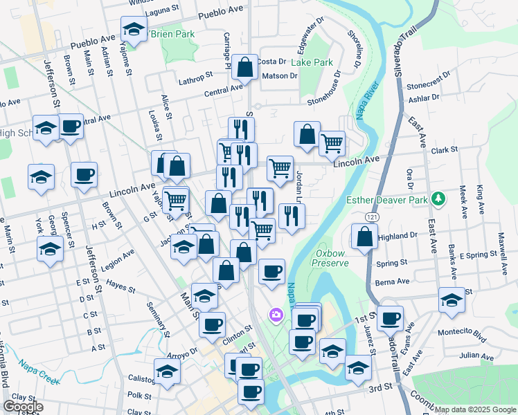 map of restaurants, bars, coffee shops, grocery stores, and more near 1836 Soscol Avenue in Napa