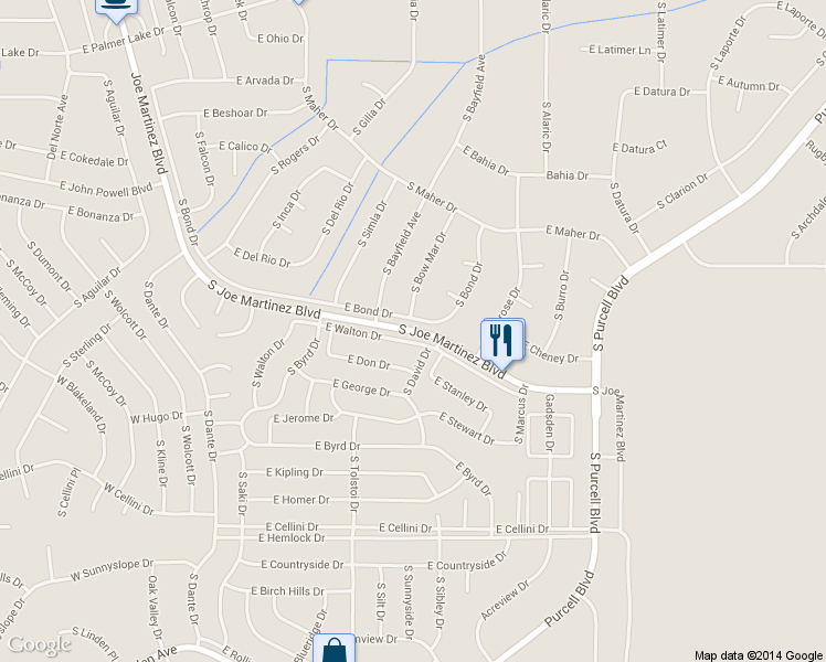 map of restaurants, bars, coffee shops, grocery stores, and more near 311 South Joe Martinez Boulevard in Pueblo West