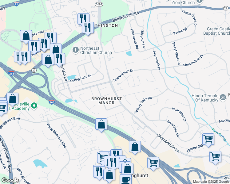 map of restaurants, bars, coffee shops, grocery stores, and more near 10212 Brownhurst Court in Louisville