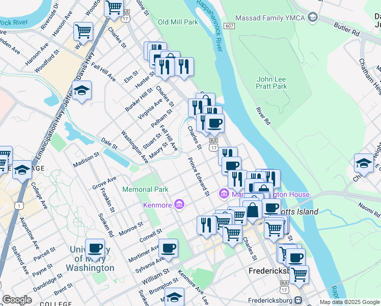 map of restaurants, bars, coffee shops, grocery stores, and more near 412 Canal Street in Fredericksburg