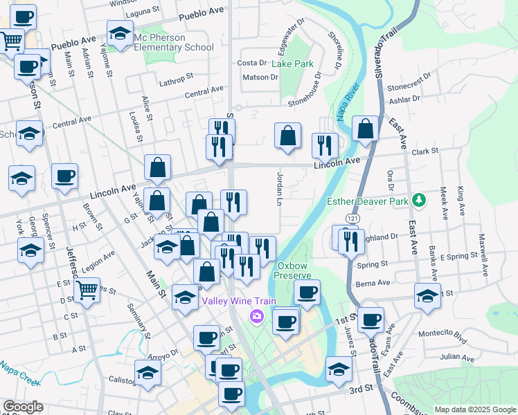 map of restaurants, bars, coffee shops, grocery stores, and more near 1836 Soscol Avenue in Napa