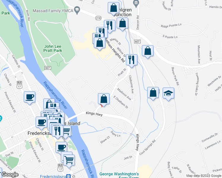map of restaurants, bars, coffee shops, grocery stores, and more near 109 Jefferson Street in Fredericksburg