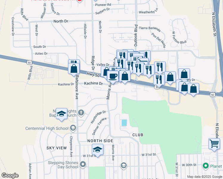 map of restaurants, bars, coffee shops, grocery stores, and more near 3606 Morris Avenue in Pueblo