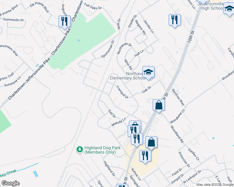 map of restaurants, bars, coffee shops, grocery stores, and more near 1214 Tranquil Drive in Jeffersonville