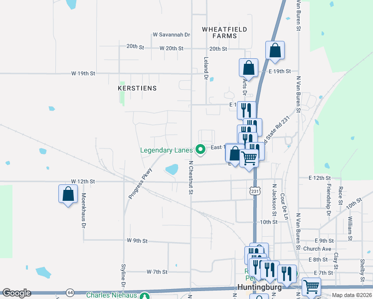 map of restaurants, bars, coffee shops, grocery stores, and more near 1416 North Chestnut Street in Huntingburg