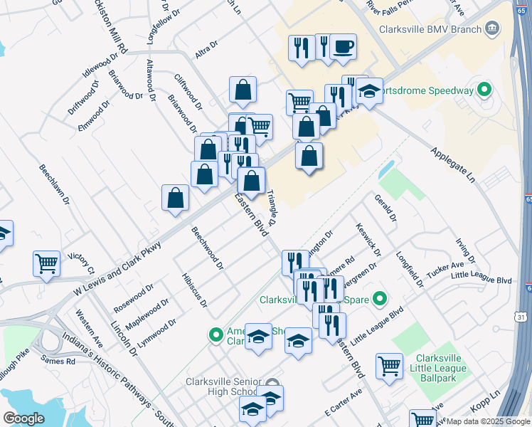 map of restaurants, bars, coffee shops, grocery stores, and more near 1312 Eastern Boulevard in Clarksville