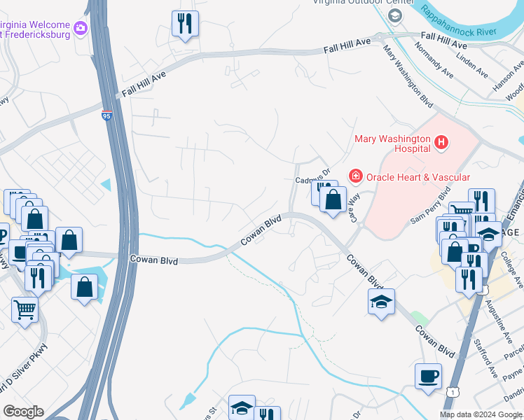 map of restaurants, bars, coffee shops, grocery stores, and more near 1017 Hotchkiss Place in Fredericksburg