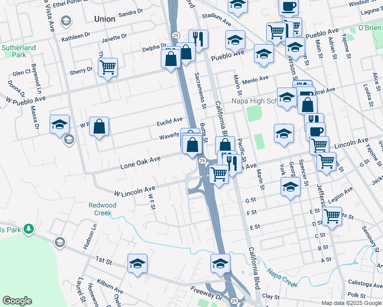map of restaurants, bars, coffee shops, grocery stores, and more near 2493 Solano Avenue in Napa