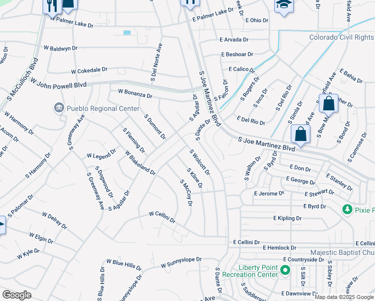 map of restaurants, bars, coffee shops, grocery stores, and more near 730 South Sterling Drive in Pueblo West