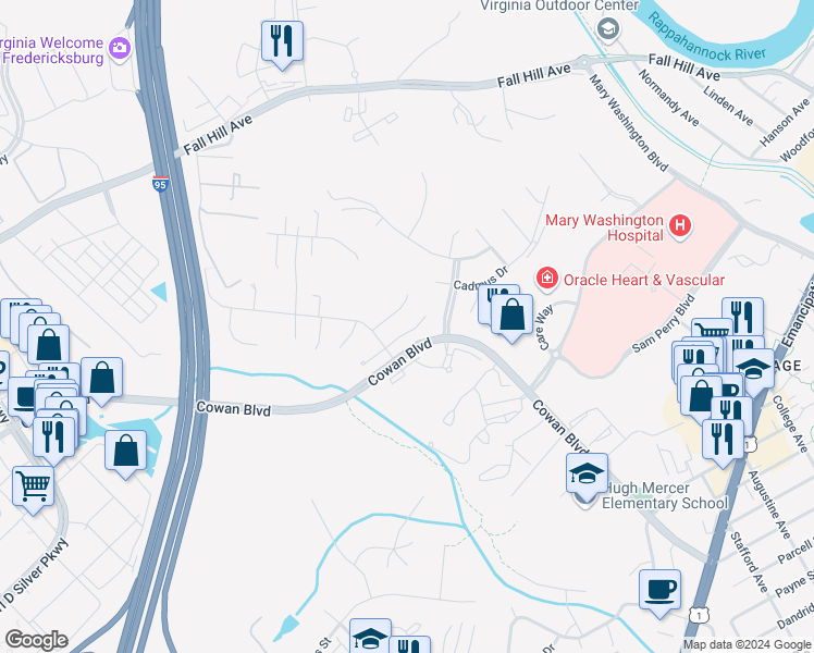 map of restaurants, bars, coffee shops, grocery stores, and more near 1025 Hotchkiss Place in Fredericksburg