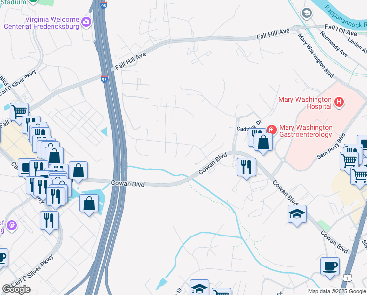 map of restaurants, bars, coffee shops, grocery stores, and more near 1303 Preserve Lane in Fredericksburg