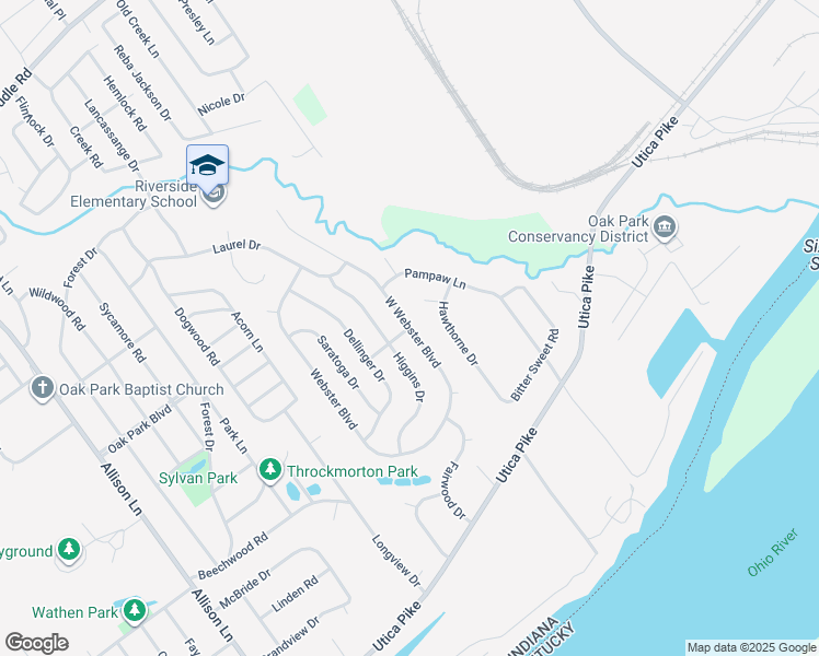 map of restaurants, bars, coffee shops, grocery stores, and more near 569 Webster Boulevard in Jeffersonville