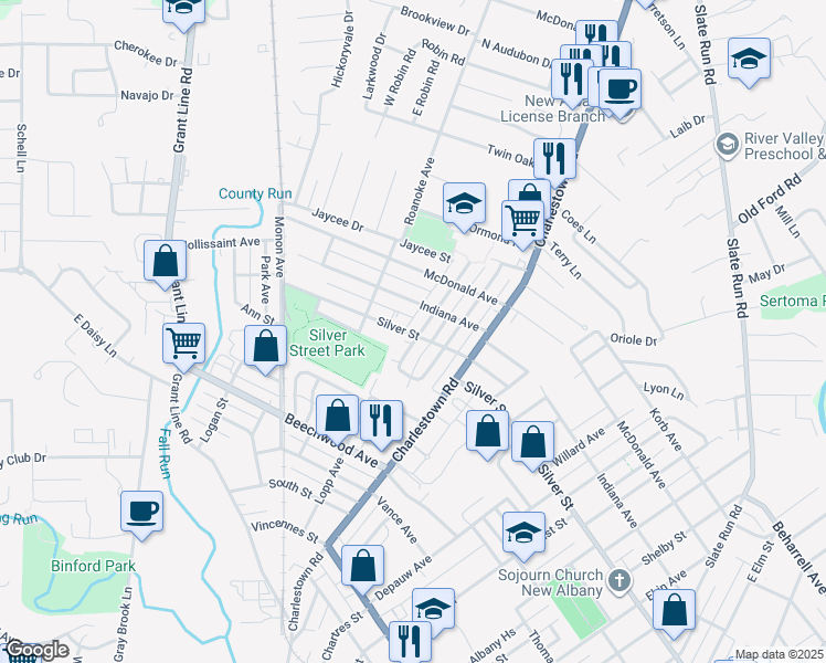 map of restaurants, bars, coffee shops, grocery stores, and more near 1902 Silver Street in New Albany