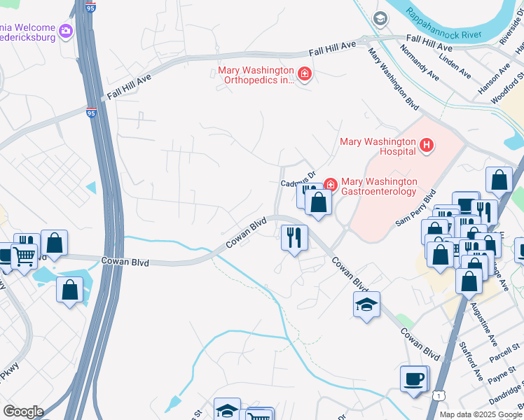 map of restaurants, bars, coffee shops, grocery stores, and more near 1036 Hotchkiss Place in Fredericksburg