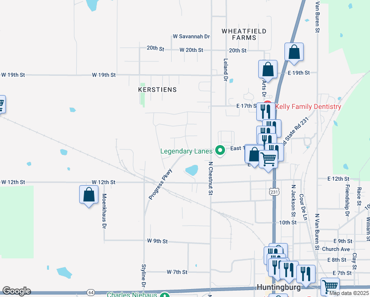 map of restaurants, bars, coffee shops, grocery stores, and more near 1304 1/2 North Chestnut Street in Huntingburg