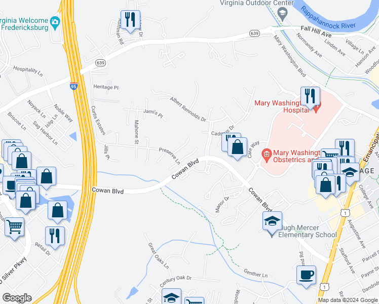 map of restaurants, bars, coffee shops, grocery stores, and more near 1027 Hotchkiss Place in Fredericksburg
