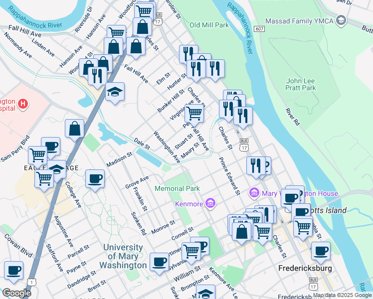 map of restaurants, bars, coffee shops, grocery stores, and more near 633 Maury Street in Fredericksburg