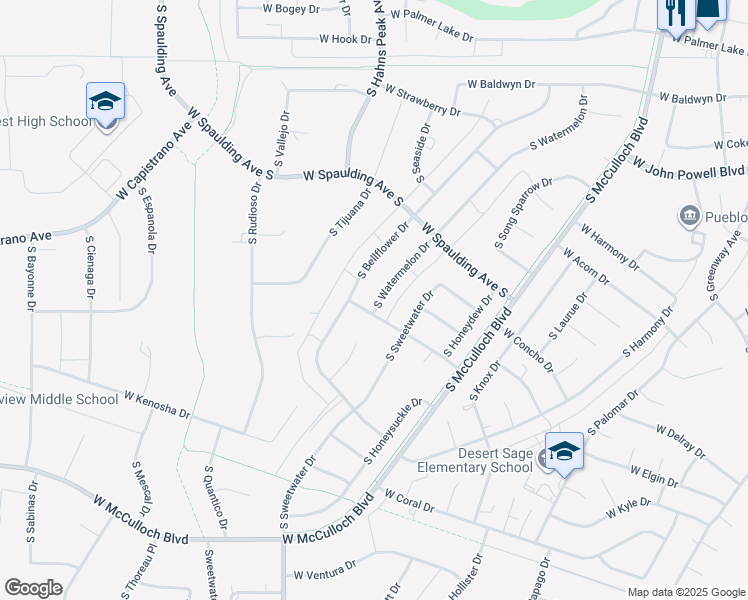 map of restaurants, bars, coffee shops, grocery stores, and more near 785 South Watermelon Drive in Pueblo West