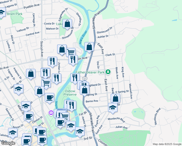 map of restaurants, bars, coffee shops, grocery stores, and more near 1003 Summit Avenue in Napa