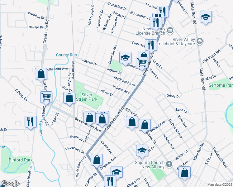 map of restaurants, bars, coffee shops, grocery stores, and more near 2313 Shrader Avenue in New Albany