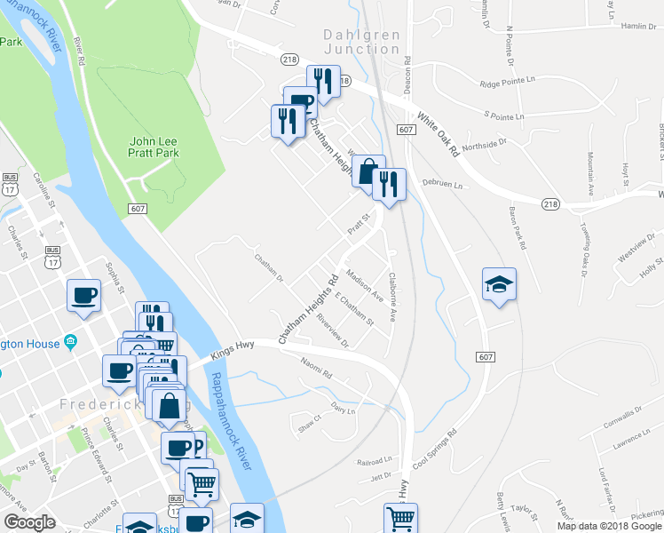map of restaurants, bars, coffee shops, grocery stores, and more near 133 Chatham Heights Road in Fredericksburg