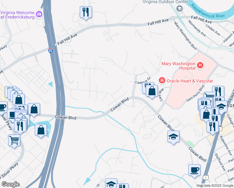 map of restaurants, bars, coffee shops, grocery stores, and more near 1004 Dorthea Court in Fredericksburg