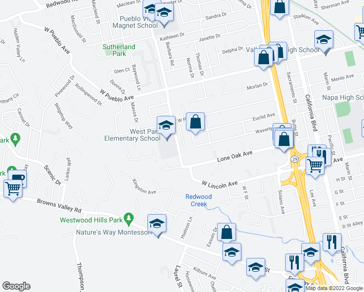 map of restaurants, bars, coffee shops, grocery stores, and more near 43 Morgan Lane in Napa