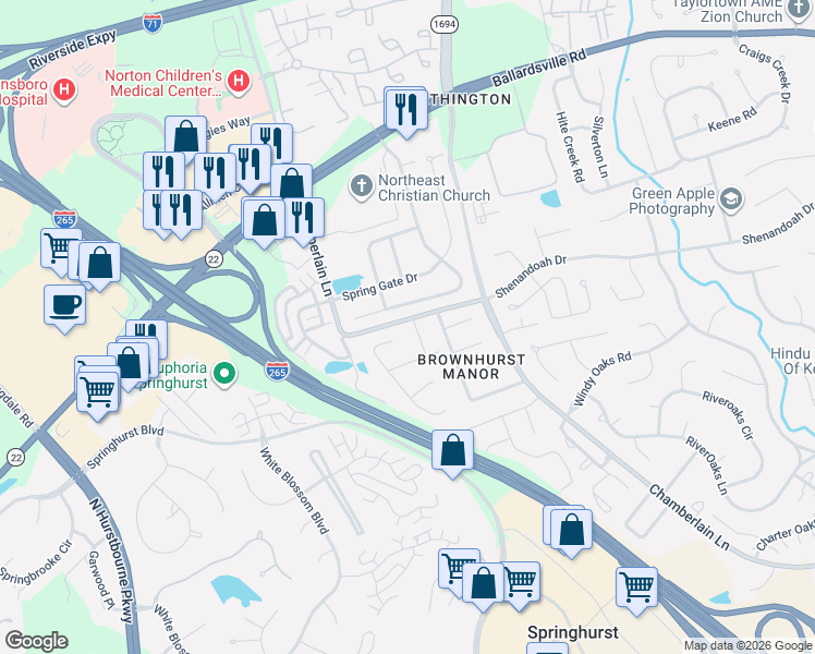 map of restaurants, bars, coffee shops, grocery stores, and more near 4408 White Pine Way in Louisville