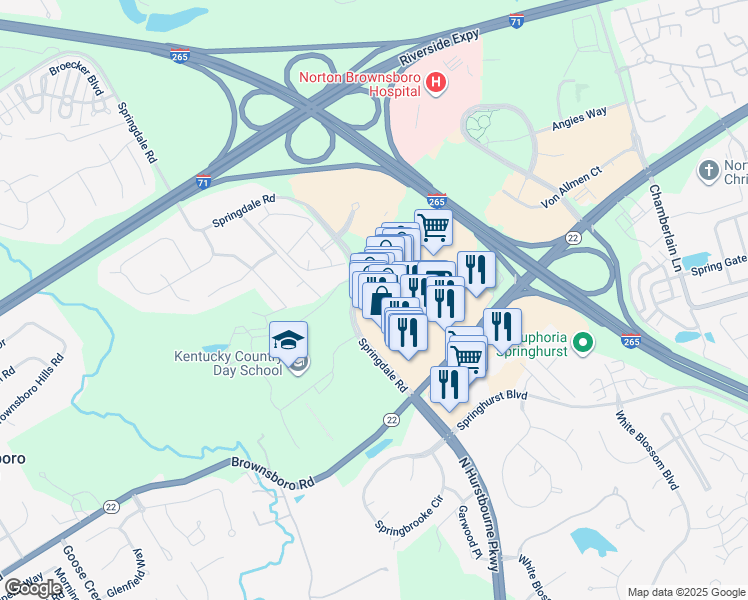 map of restaurants, bars, coffee shops, grocery stores, and more near 4226 Summit Plaza Drive in Louisville