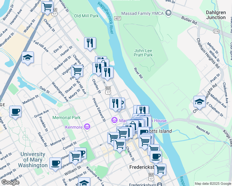 map of restaurants, bars, coffee shops, grocery stores, and more near 1500 Caroline Street in Fredericksburg