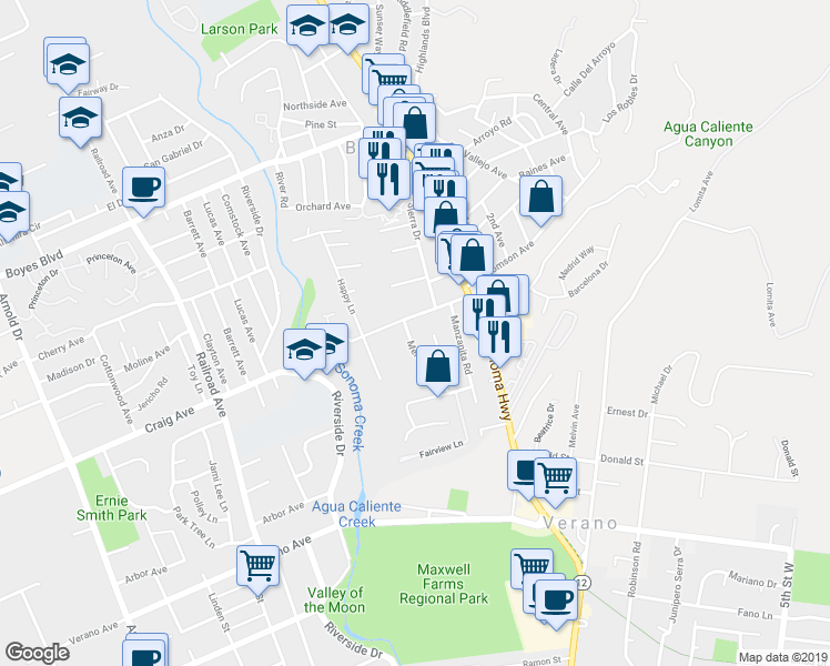 map of restaurants, bars, coffee shops, grocery stores, and more near 18573 Melody Lane in Sonoma