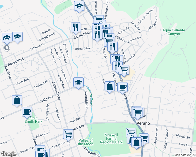 map of restaurants, bars, coffee shops, grocery stores, and more near 200 West Thomson Avenue in Sonoma