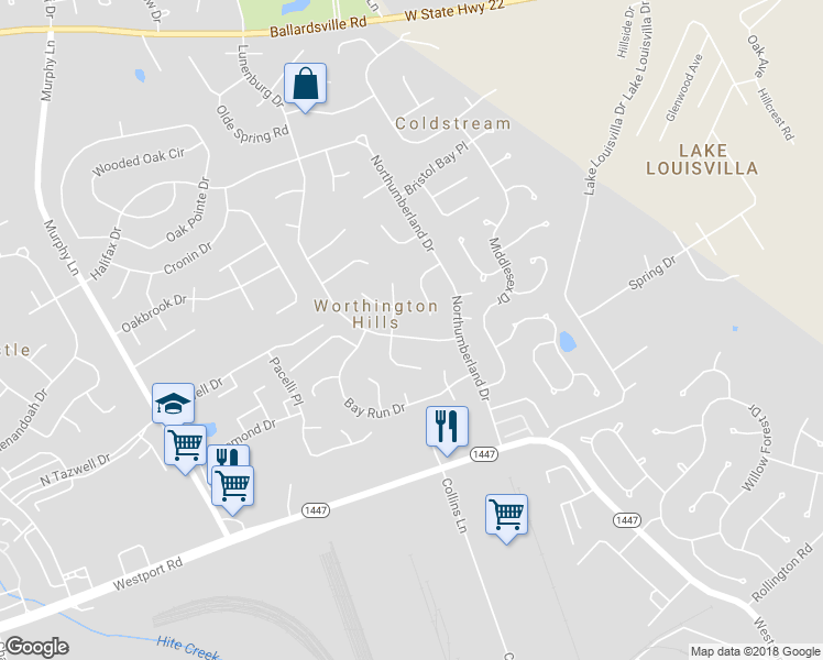 map of restaurants, bars, coffee shops, grocery stores, and more near 4513 Lunenburg Drive in Louisville