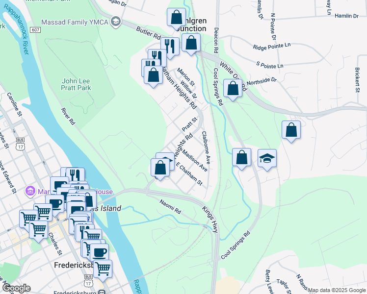 map of restaurants, bars, coffee shops, grocery stores, and more near 99 Madison Avenue in Fredericksburg