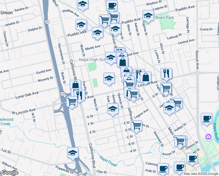 map of restaurants, bars, coffee shops, grocery stores, and more near 1600 Lincoln Avenue in Napa