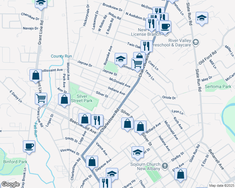 map of restaurants, bars, coffee shops, grocery stores, and more near 2313 Shrader Avenue in New Albany
