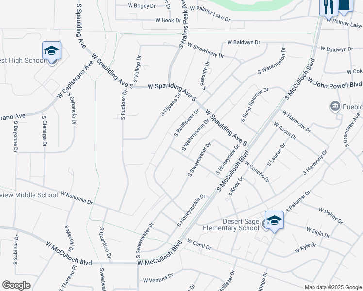 map of restaurants, bars, coffee shops, grocery stores, and more near 785 South Watermelon Drive in Pueblo West