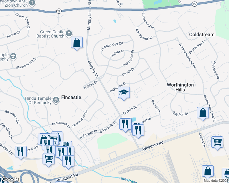 map of restaurants, bars, coffee shops, grocery stores, and more near 4906 Oakbrook Drive in Louisville