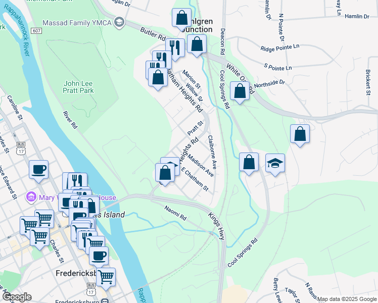 map of restaurants, bars, coffee shops, grocery stores, and more near 99 Madison Avenue in Fredericksburg