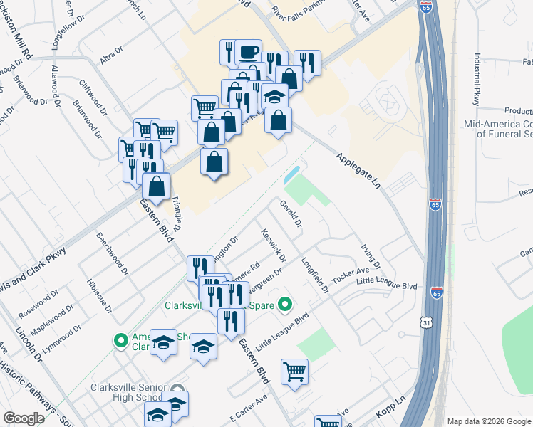 map of restaurants, bars, coffee shops, grocery stores, and more near 1023 Longfield Drive in Clarksville