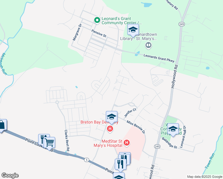map of restaurants, bars, coffee shops, grocery stores, and more near 41505 Reins Court in Leonardtown