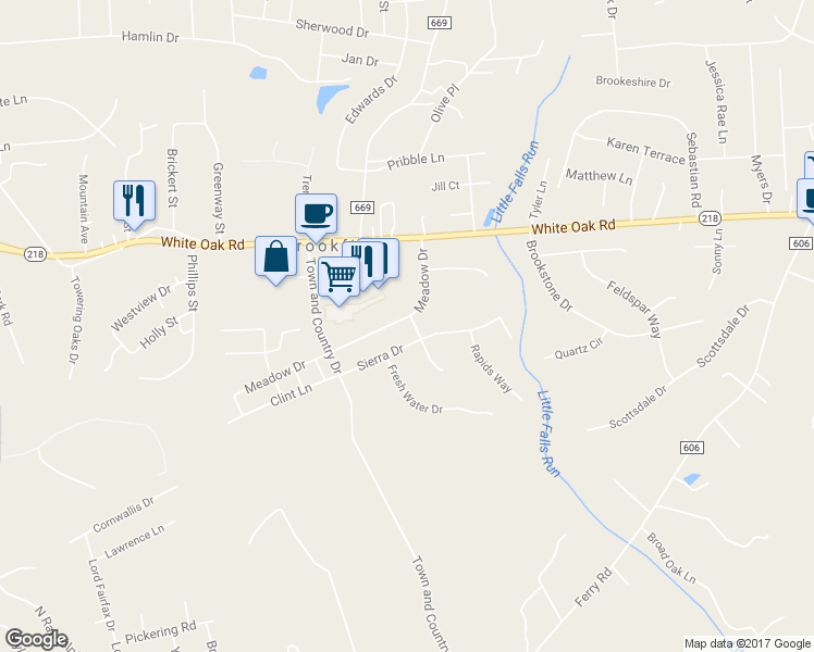 map of restaurants, bars, coffee shops, grocery stores, and more near 1832 Meadow Drive in Fredericksburg